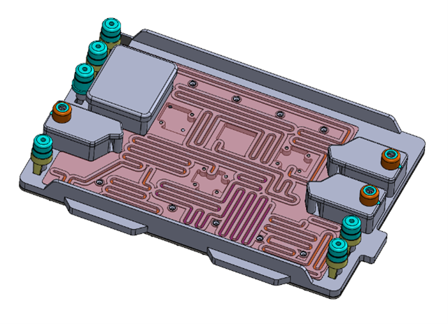 Top view of cartridge shows pneumatic interface ports, reagent storage wells, a waste chamber, and serpentine channels capped with a laser welded film designed to stage certain volumes of fluids with little to no loss.
