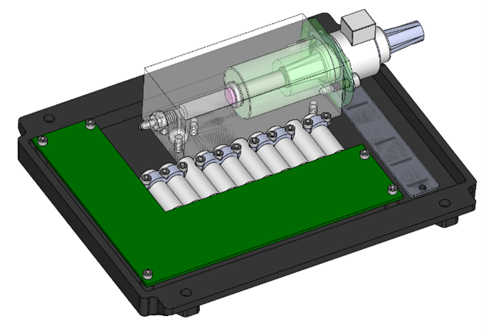 The manifold consists of a custom designed motorized pipette and a bank of valves for fluidic control.