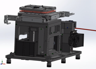 CAD of the Gener8 custom epi fluorescence microscope including convenient to use holder for flow cell, high precision x-y stage for scanning the sample, IR autofocus, and vibration control.